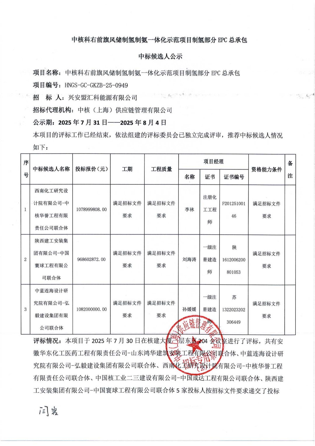 108亿元！中核绿色氢氨项目EPC中标候选人公示