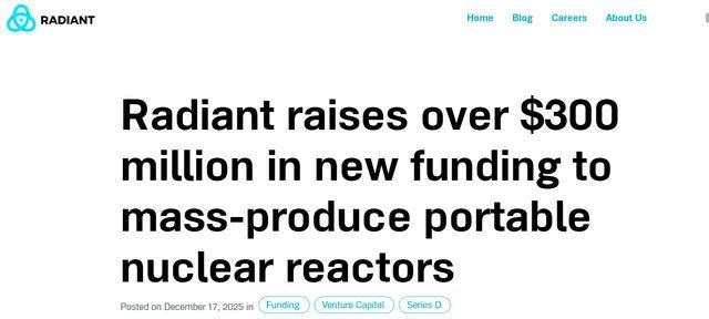 核能初创公司Radiant完成3亿美元融资推进微型反应堆商业化